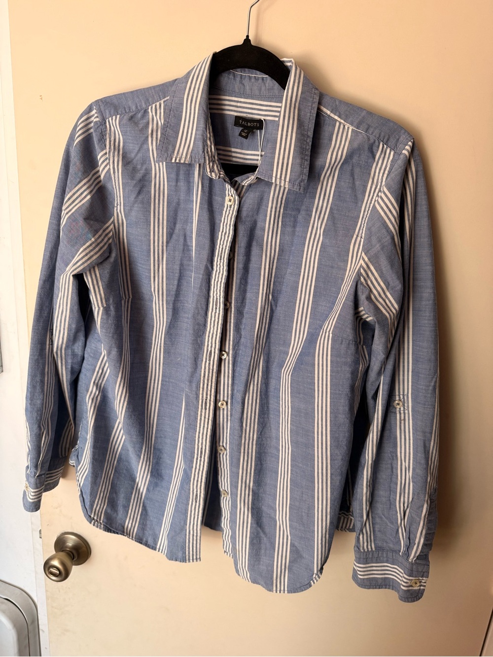 Talbots Light Blue and White Vertical Stripe Button-Down Shirt 100% Cotton